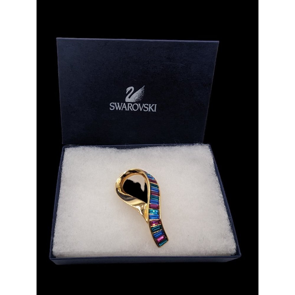 Swarovski 18K Gold Plated Multicolor Baguette Rhinestone Loop Brooch Pin